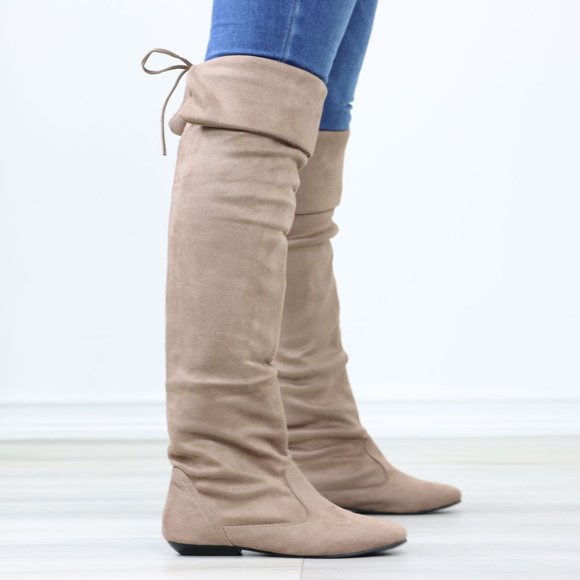 Fold Over Taupe Thigh High Over The Knee Flat No Heel Boots Faux Suede Pointed - Picture 5 of 14